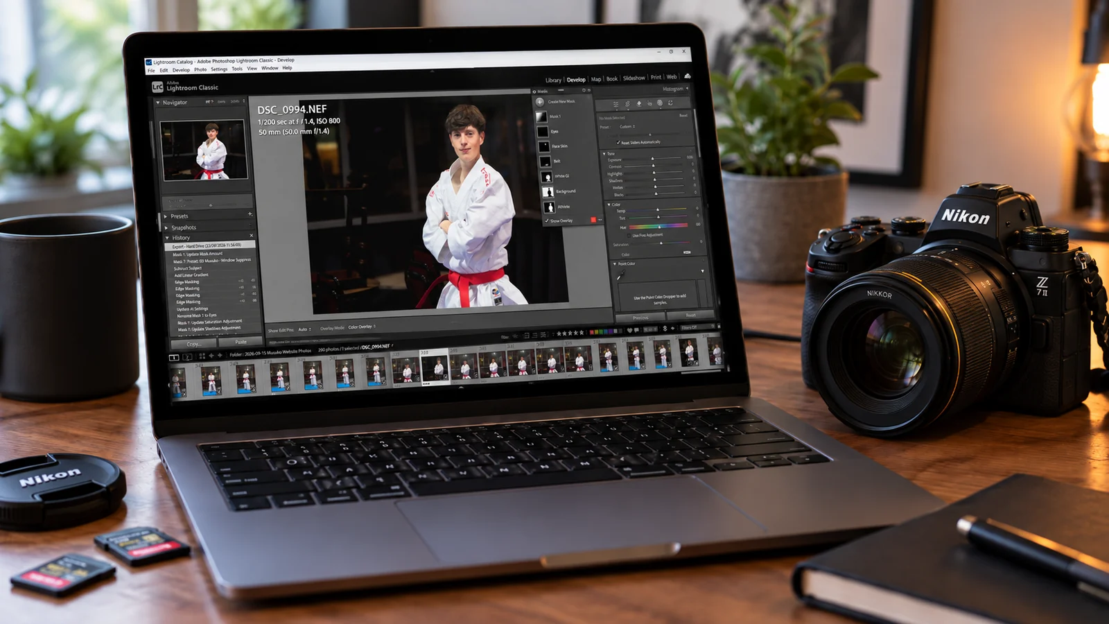 Nikon camera beside a laptop displaying Adobe Lightroom editing of a Musuko Karate Academy karate athlete portrait.