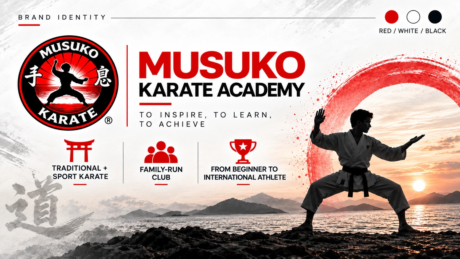 Musuko Karate Academy brand identity: academy logo, red, white and black brand palette, club values and a karate athlete on the beach at sunset. On smaller screens, a portrait composition makes these details easier to examine.