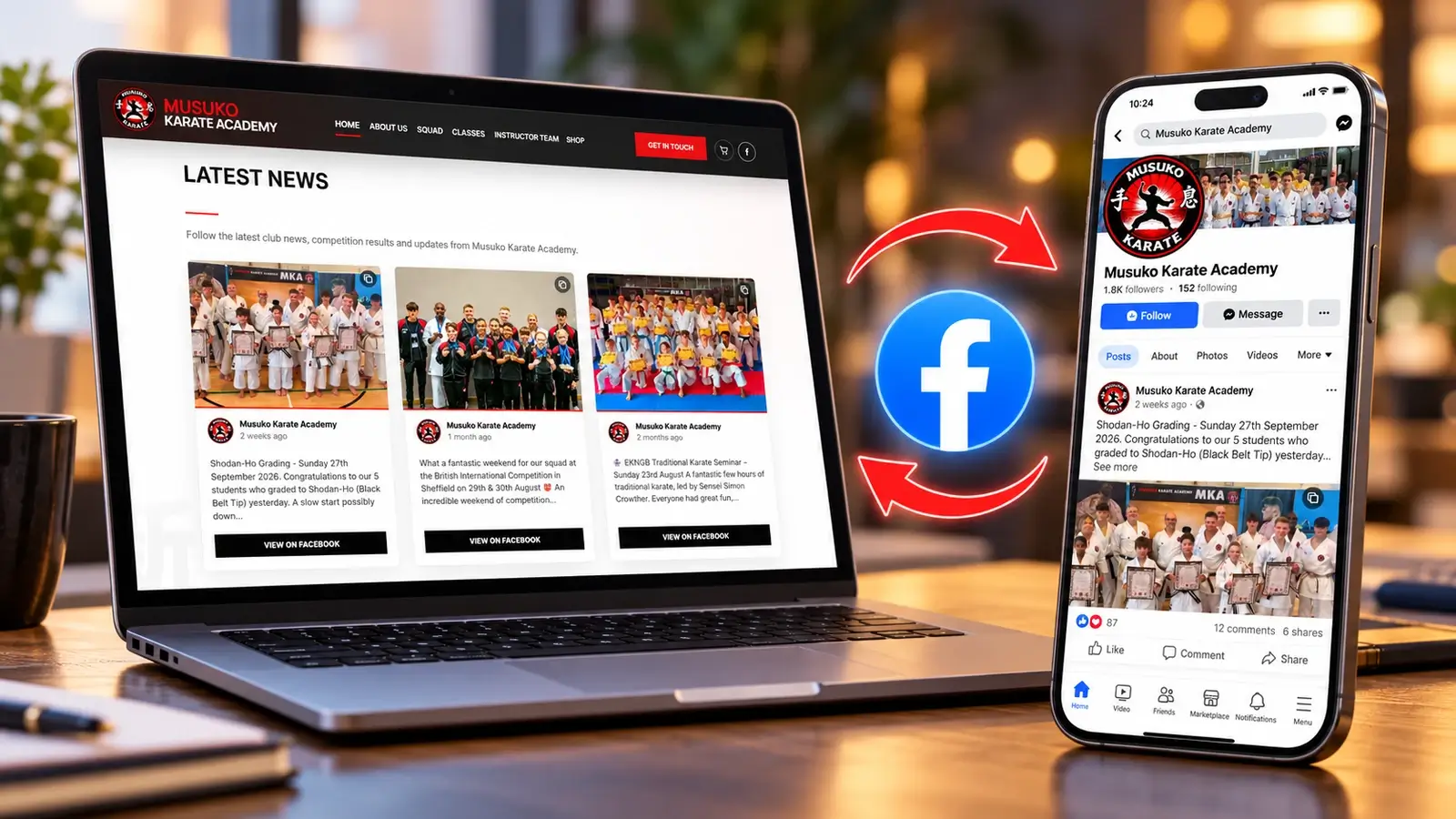 Case-study graphic showing the Musuko Latest News webpage on a laptop and Facebook-style mobile feed with two-way integration arrows.
