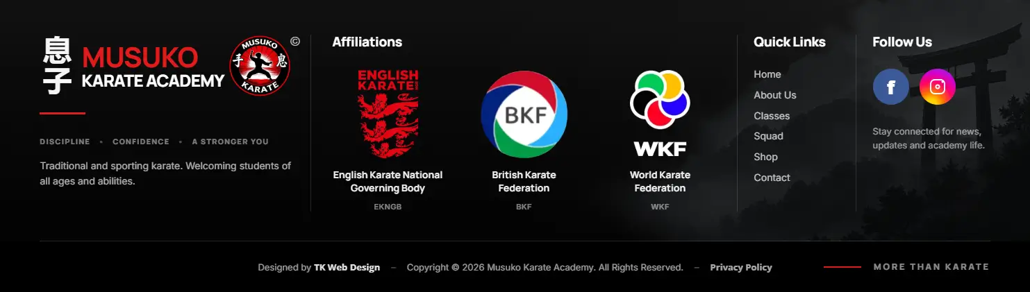 Genuine Musuko Karate Academy website footer showing the academy branding, English Karate National Governing Body, British Karate Federation and World Karate Federation affiliations, quick links and social links.