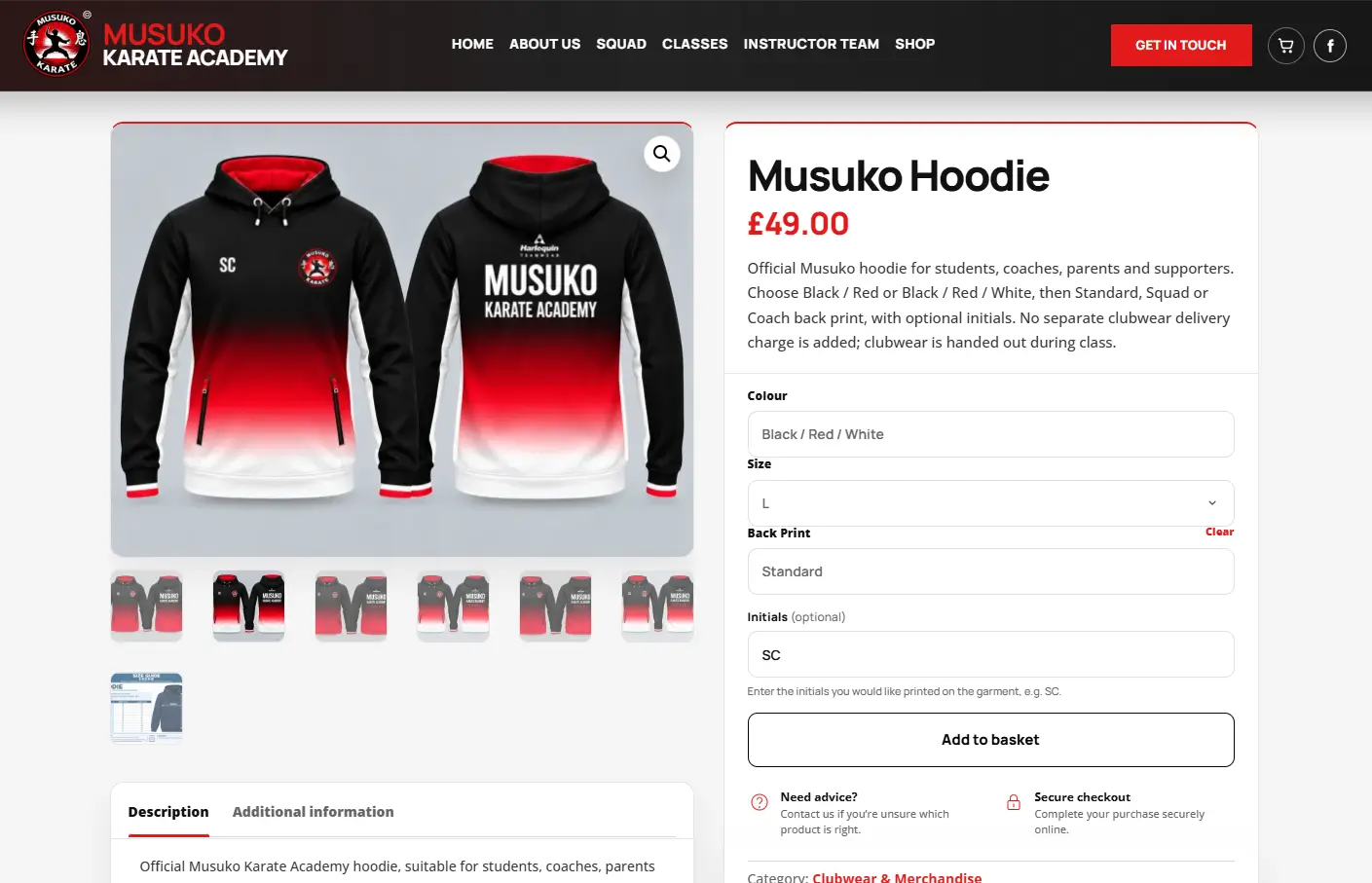 Genuine Musuko Hoodie product page screenshot showing front and back clothing photographs alongside colour, size, back-print and optional initials fields.