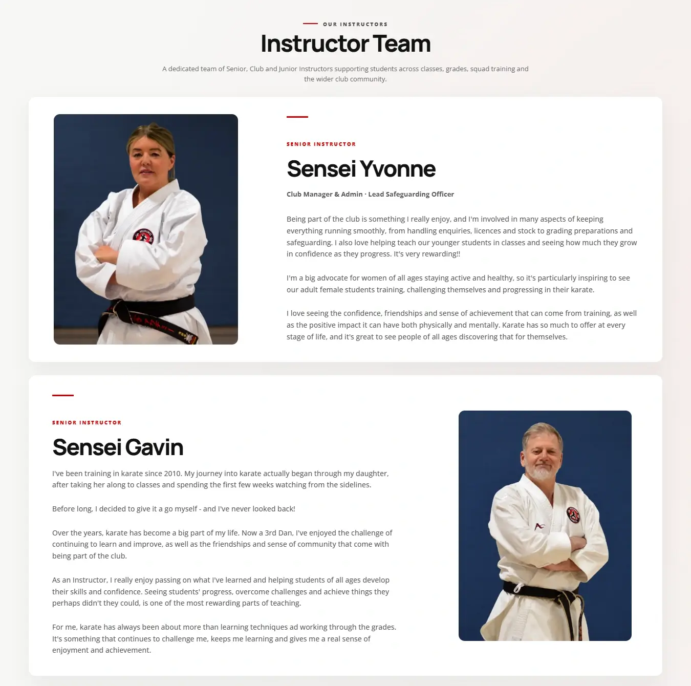 Genuine Musuko Karate Academy website screenshot featuring Sensei Yvonne and Sensei Gavin's alternating instructor profile cards and original photographs.