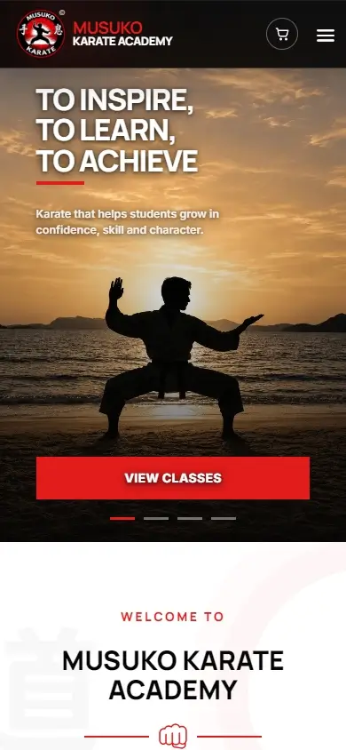 Genuine Musuko Karate Academy mobile homepage showing the black branded navigation and the karate sunset hero with To Inspire, To Learn, To Achieve headline.
