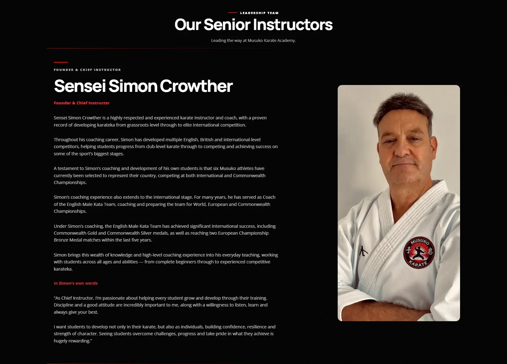 Genuine Musuko Karate Academy website screenshot showing the black Senior Instructors section and Sensei Simon Crowther's original portrait and biography.