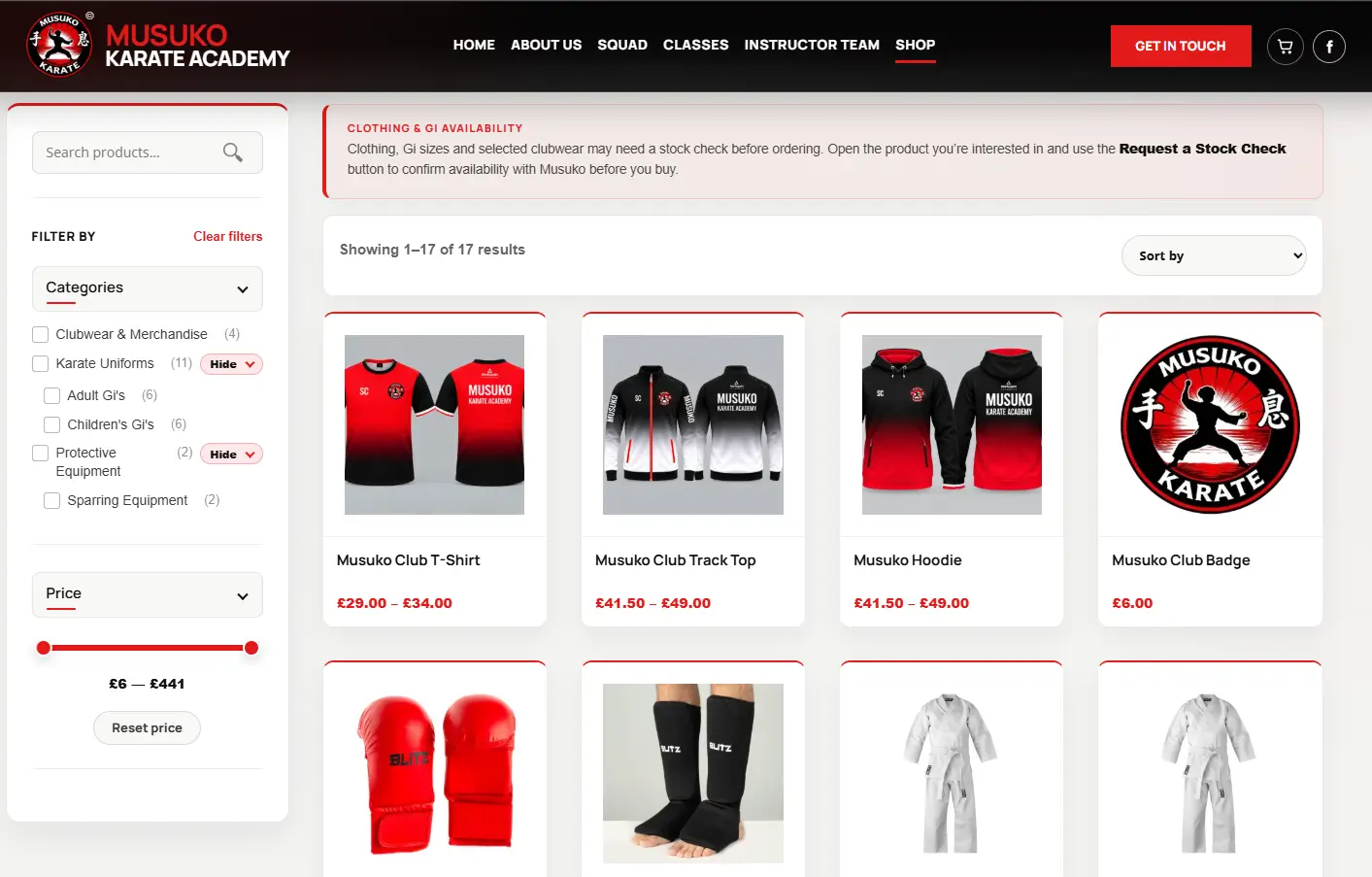 Genuine Musuko Karate Academy Shop screenshot displaying the category and price filters, clubwear product cards, martial arts equipment and a stock-availability notice.