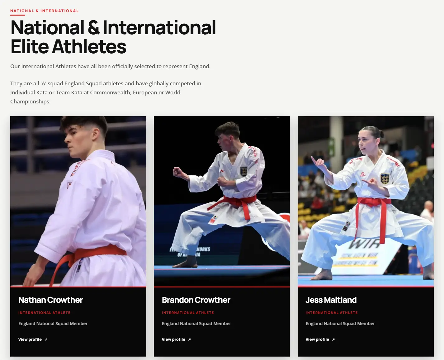 Musuko Karate Academy Squad page showing the National and International Elite Athletes section, with profile cards for Nathan, Brandon and Jess.