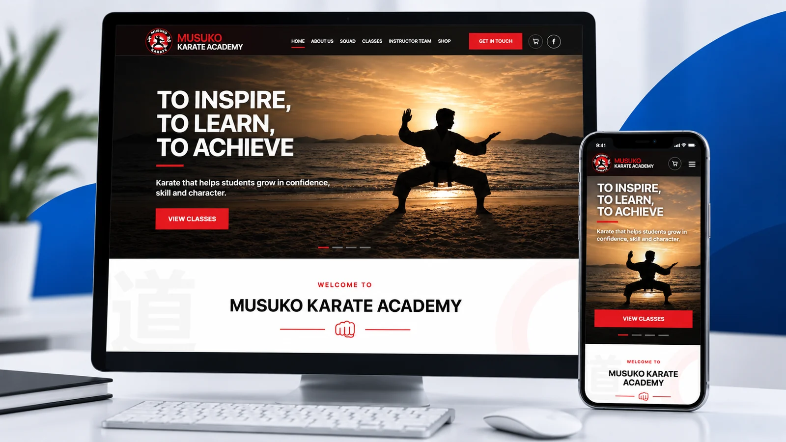 Musuko Karate Academy real website showcase, featuring its responsive design and red-black karate identity
