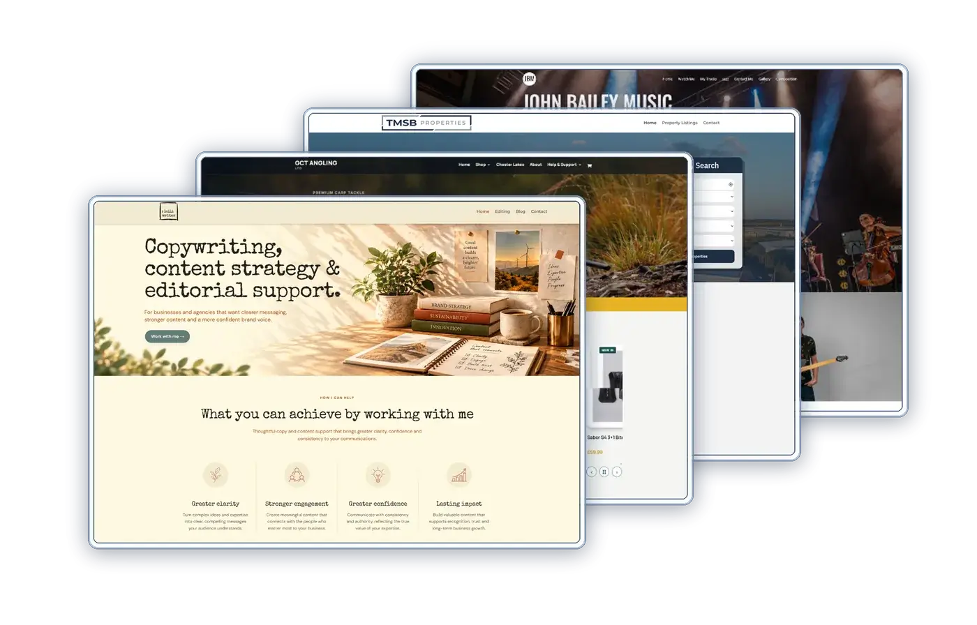 Website portfolio by TK Web Design featuring Lolli Writes, GCT Angling, TMSB Properties and John Bailey Music
